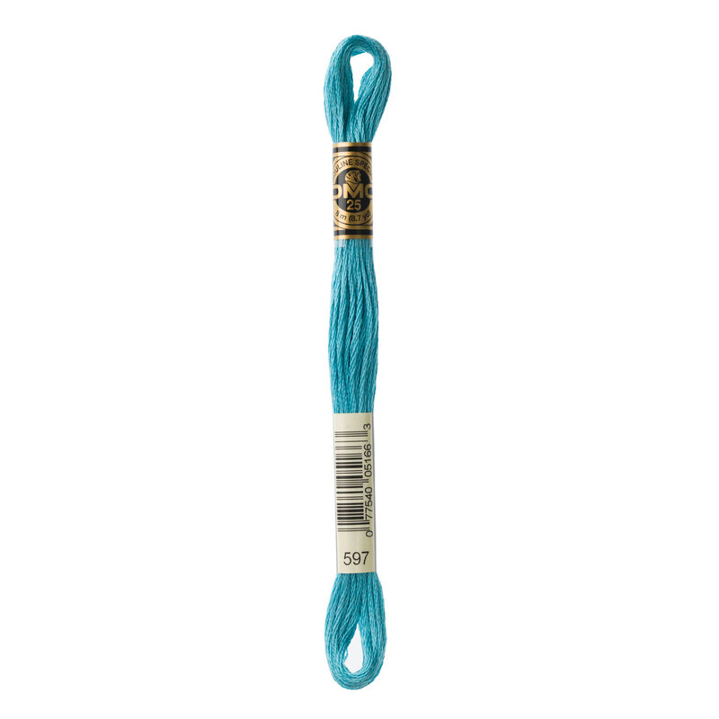 Close up image of DMC 597 Turquoise embroidery floss in its packaging