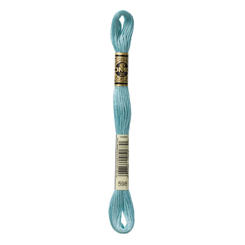 Close up image of DMC 598 Light Turquoise embroidery floss in its packaging