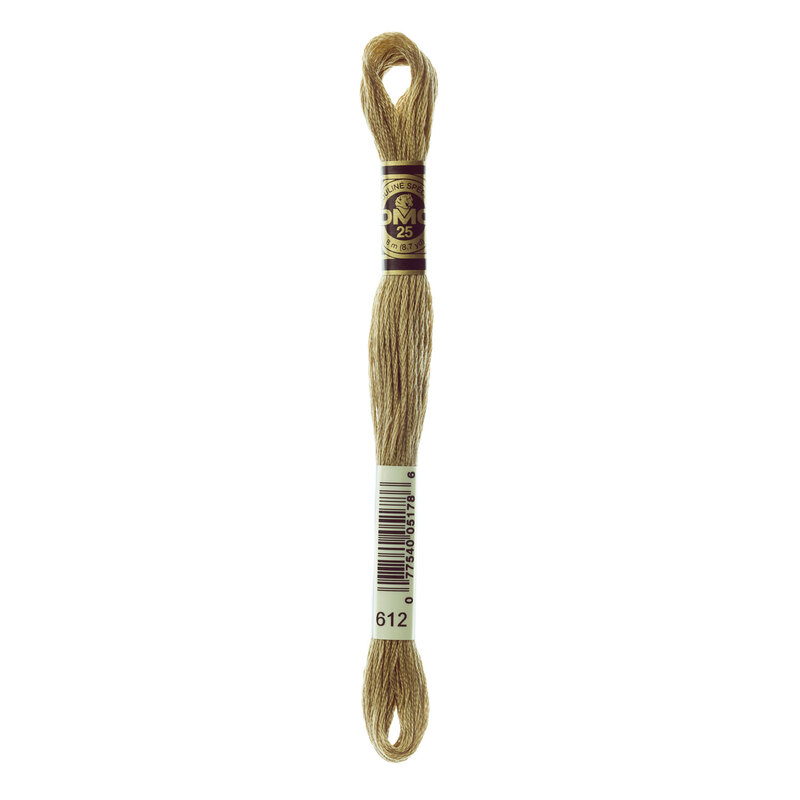 Close up image of DMC 612 Light Drab Brown embroidery floss in its packaging