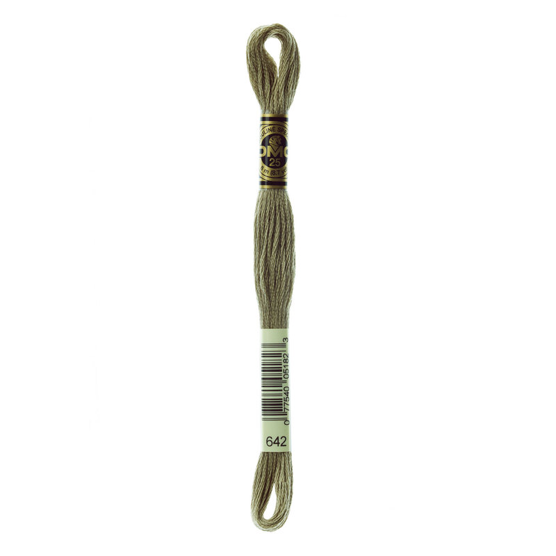 Close up image of DMC 642 Dark Beige Gray embroidery floss in its packaging