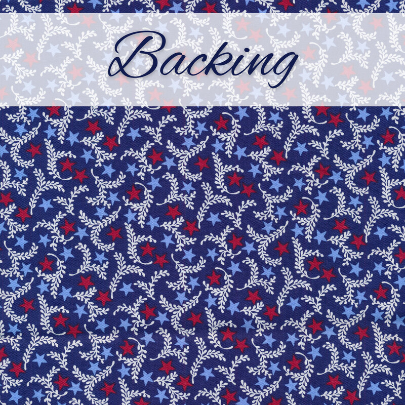 Stars and branches on blue fabric labeled as backing.