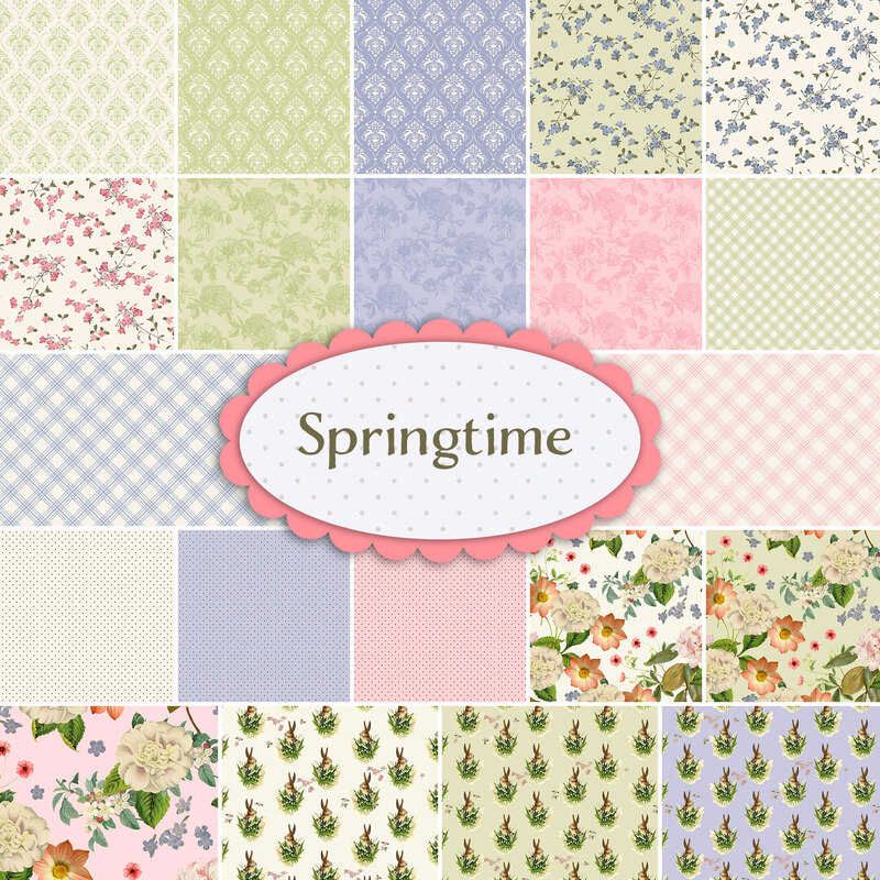 A collage of the 22 fabrics included in the Springtime collection