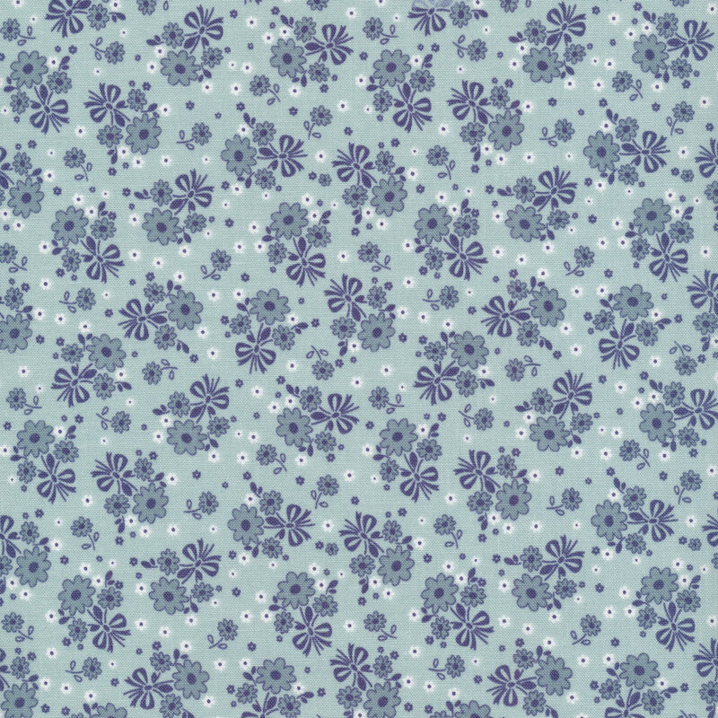 blue fabric featuring blue flowers scattered all over