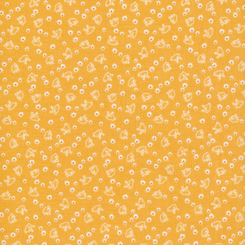 baby chicks and white flowers on an orange fabric background