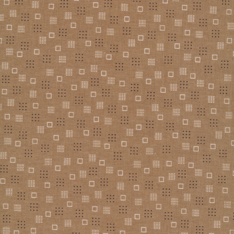 tan fabric featuring squares, polka dots, and lines