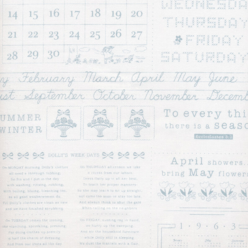 white fabric featuring vintage calendars, icons, and text