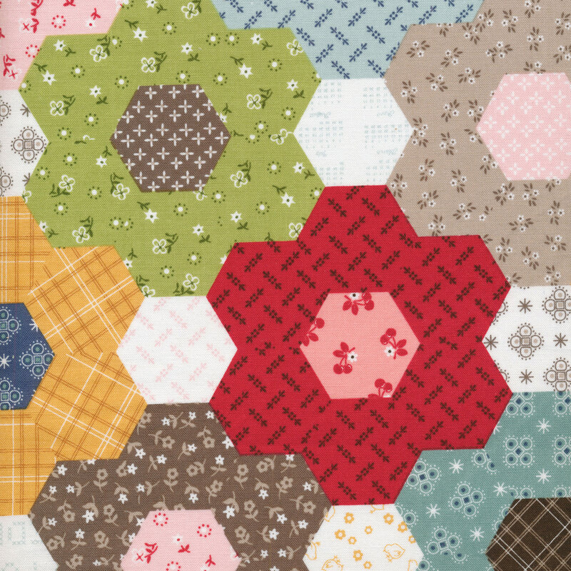 multicolor fabric featuring a hexagon quilt pattern