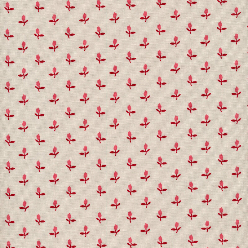 Fabric of a ditsy pink rosebud flower print on a taupe background.