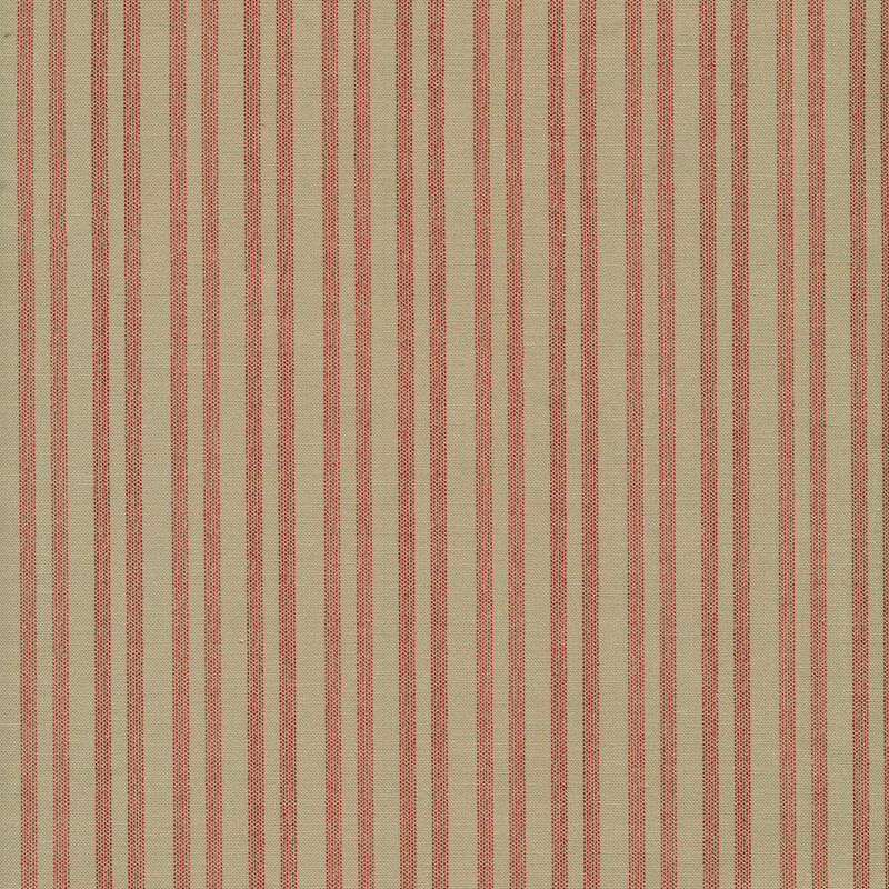 Fabric of red stripes with a ticking pattern on a taupe background.