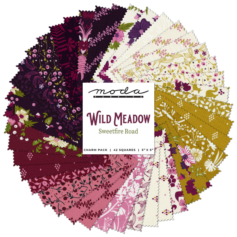 A collage of whimsical fabrics featured in the Wild Meadow collection