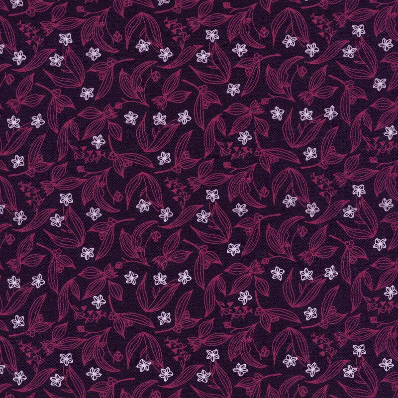 Fabric with a leaf print with vines and flowers on a dark purple background.