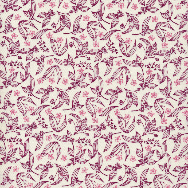 Fabric with a pink and purple print with leaves, vines, and flowers on an off-white background