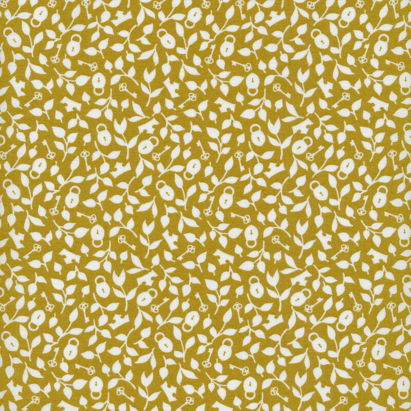 Fabric of a whimsical print of leaves, locks and keys, and crowns on a gold background