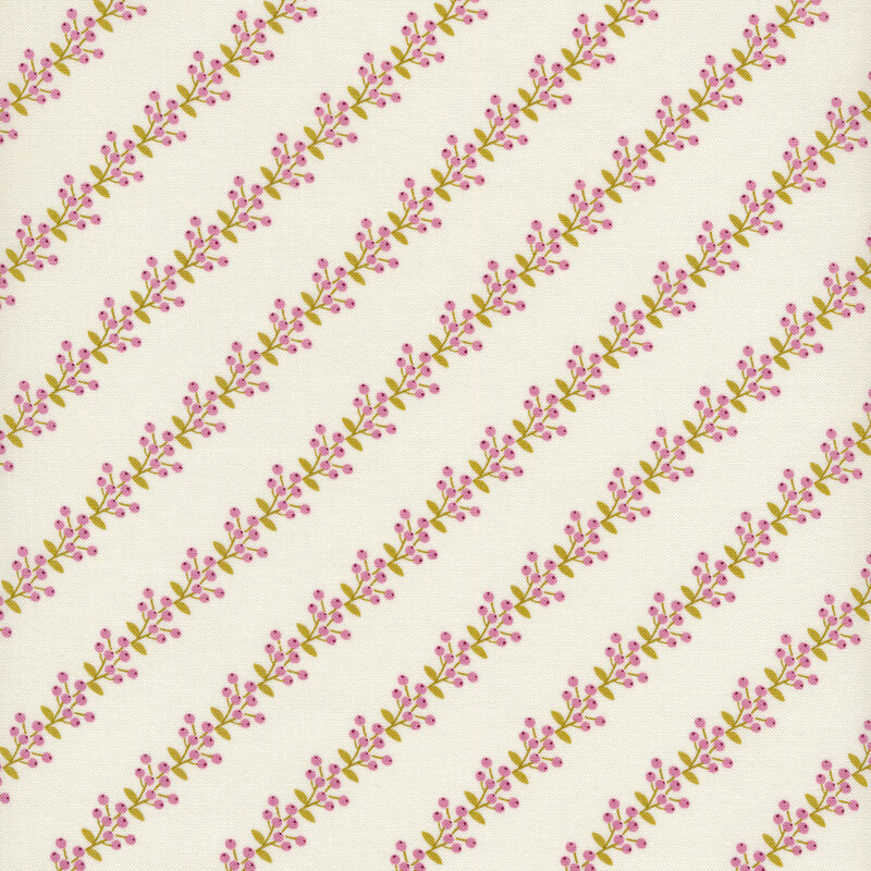 Fabric of berries and vines in a striped pattern on an off-white background