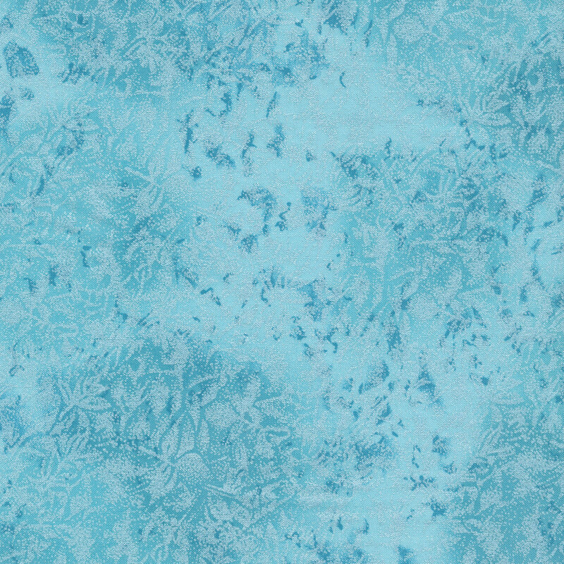 Tonal light blue fabric features mottled design with metallic glitter accents