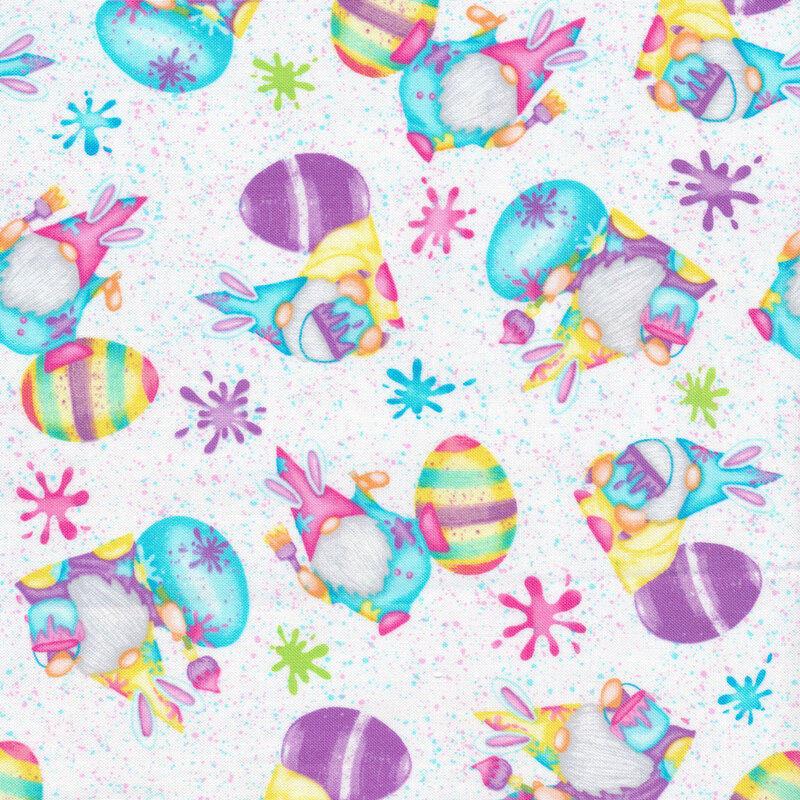 Fabric of scattered gnomes with bunny ears surrounded by Easter eggs and paint cans on a white paint splattered background