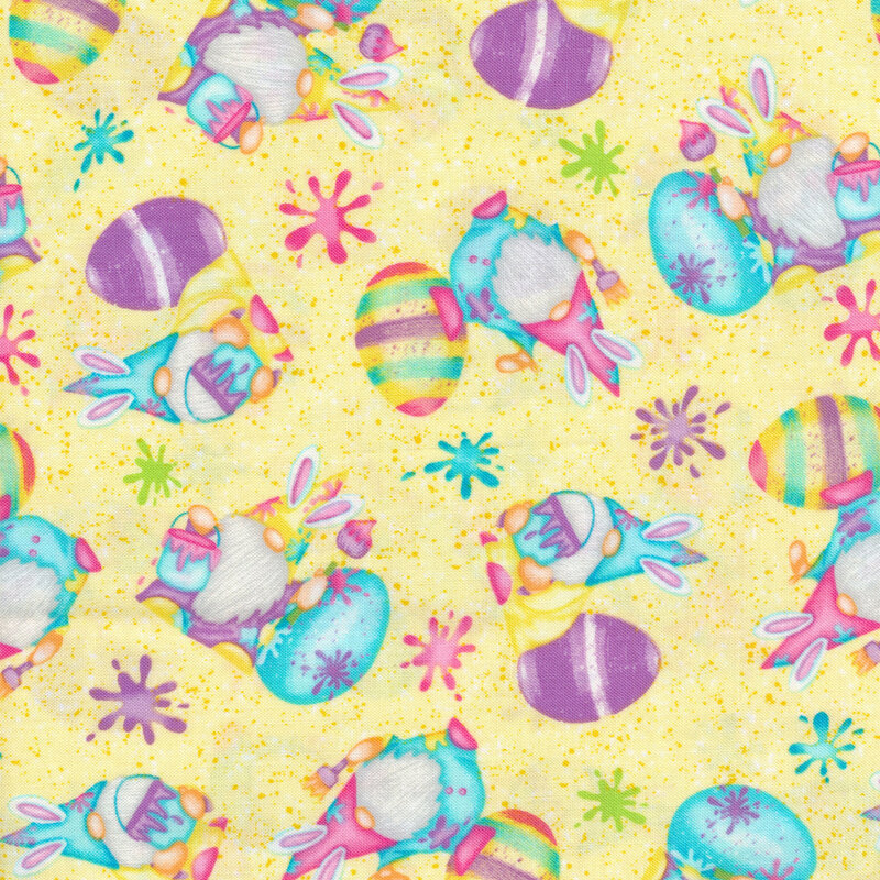 Fabric of scattered gnomes with bunny ears surrounded by Easter eggs and paint cans on a yellow paint splattered background