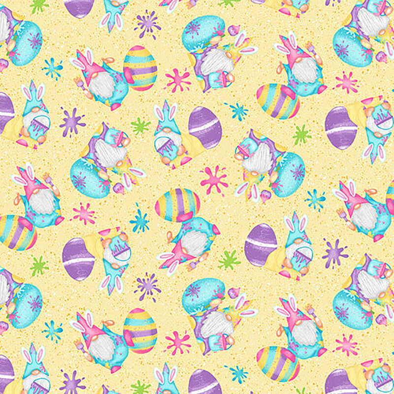 Fabric of scattered gnomes with bunny ears surrounded by Easter eggs and paint cans on a yellow paint splattered background