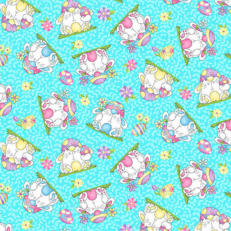 Fabric of scattered round bunnies wearing Easter eggs, surrounded by more Easter eggs and flowers on a blue background