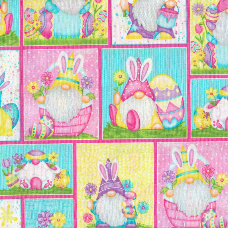 Fabric with a patchwork of various scenes containing bunnies, gnomes, Easter eggs, flowers, polka dots, and paint splatters in multiple colors.