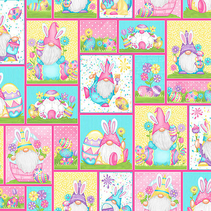 Fabric with a patchwork of various scenes containing bunnies, gnomes, Easter eggs, flowers, polka dots, and paint splatters in multiple colors.