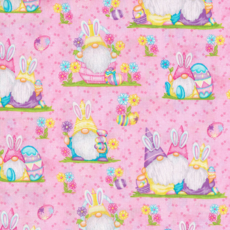 Fabric of scattered gnomes with bunny ears surrounded by Easter eggs and flowers on a pink background