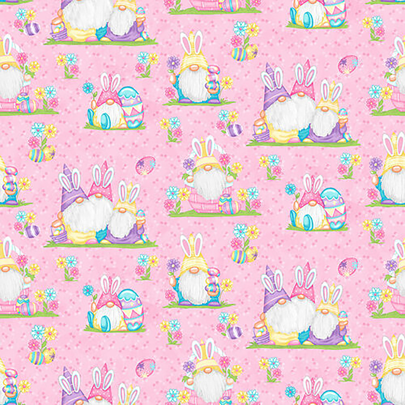 Fabric of scattered gnomes with bunny ears surrounded by Easter eggs and flowers on a pink background