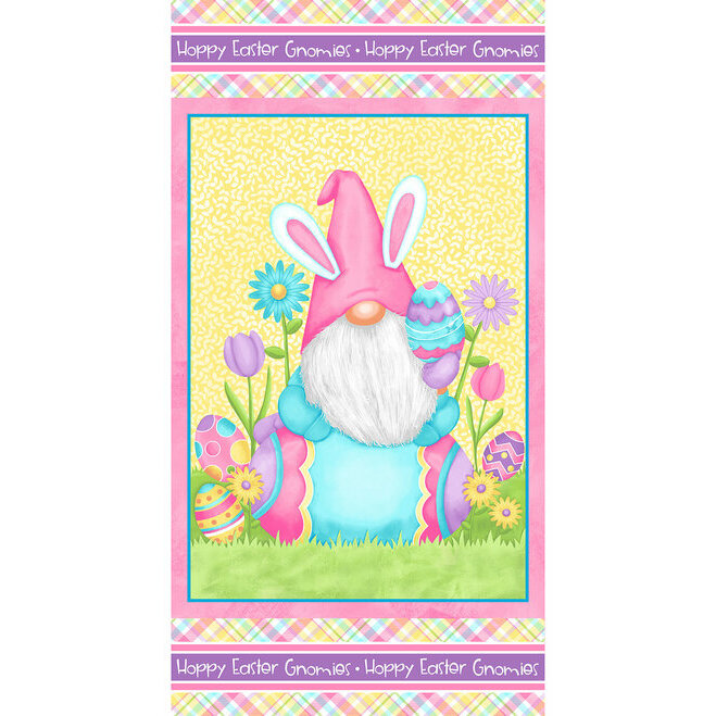 Panel of a gnome sitting on an Easter egg, surrounded by smaller eggs, flowers, plaid, stripes, and words all in spring colors
