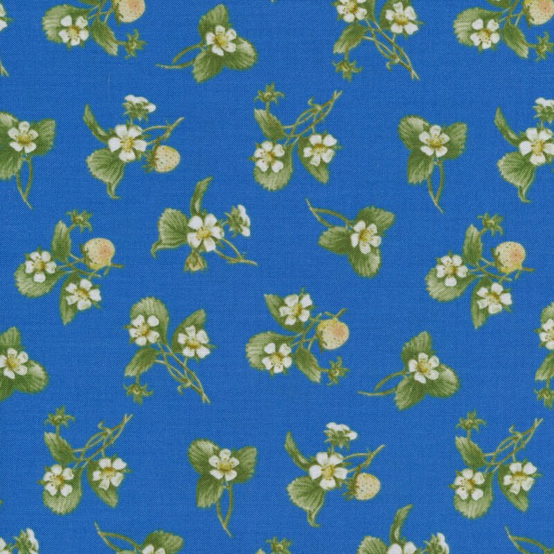 Fabric of ripening strawberries, blossoms, and leaves on a blue background