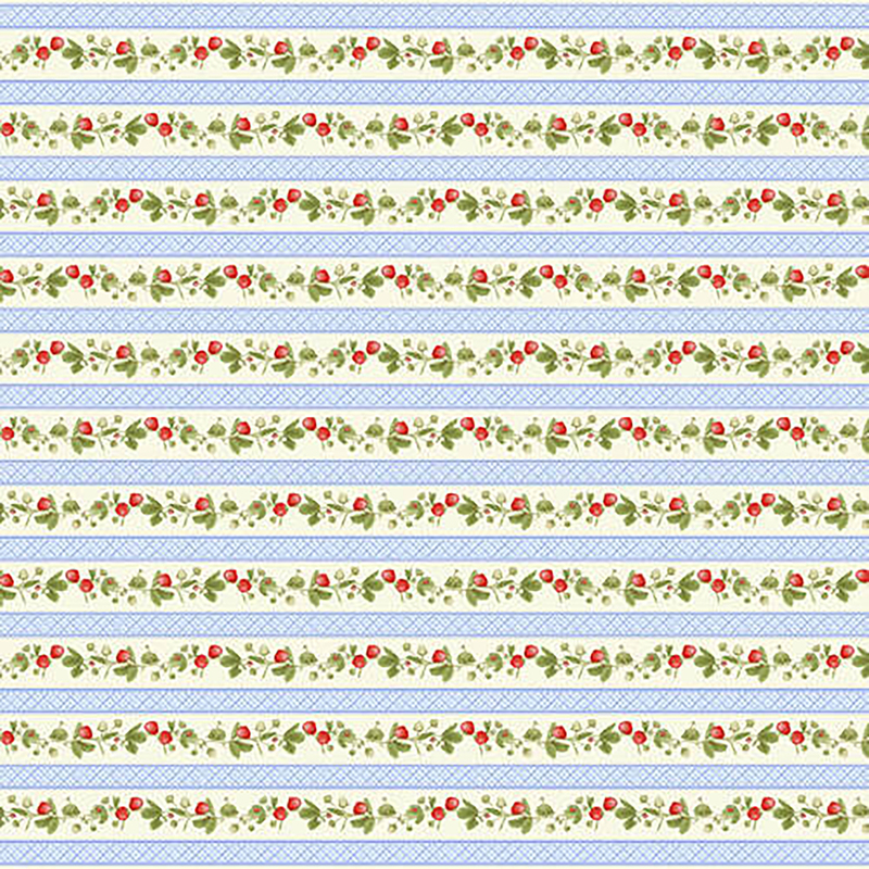Fabric with stripes of blue lace and stripes with a strawberry and leaf patten on a cream background