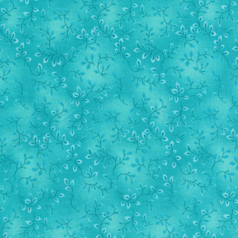 Tonal teal jade fabric with leaves and vines all over