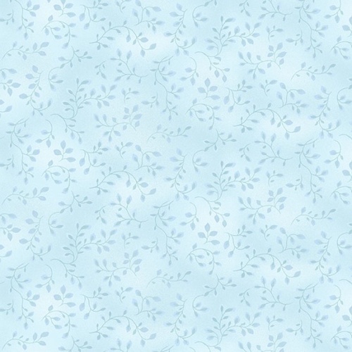 Tonal light blue fabric with leaves and vines all over