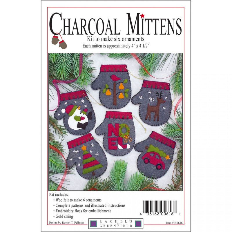 The front of the Charcoal Mittens Ornament Kit by Rachel's of Greenfield