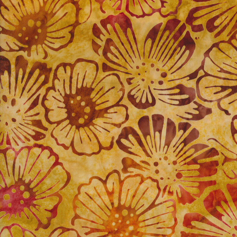 Mottled fabric of brown and orange flowers on a pale yellow background.