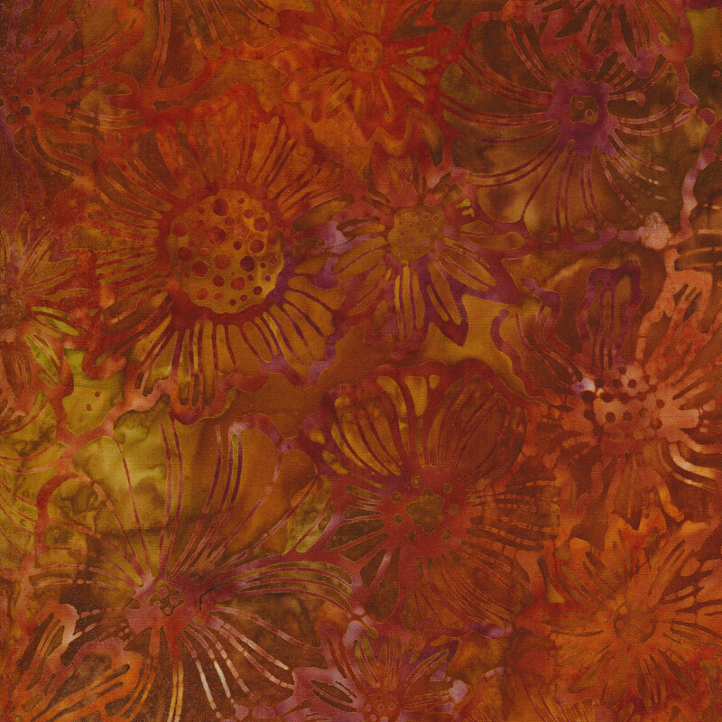 Mottled fabric of red and orange flowers on a gold brown background.