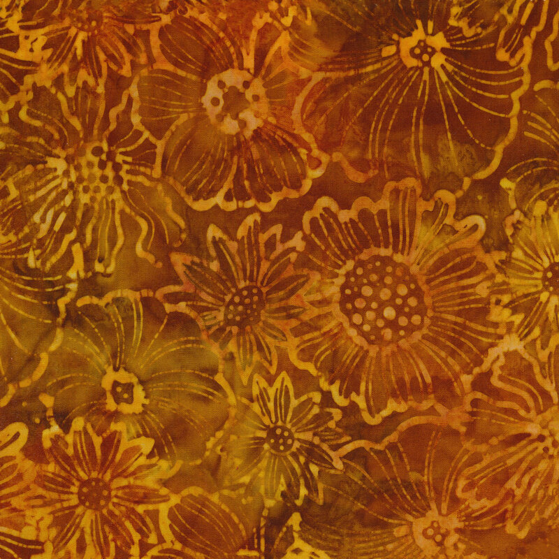 Tonal mottled fabric of yellow flowers on a dark gold background.