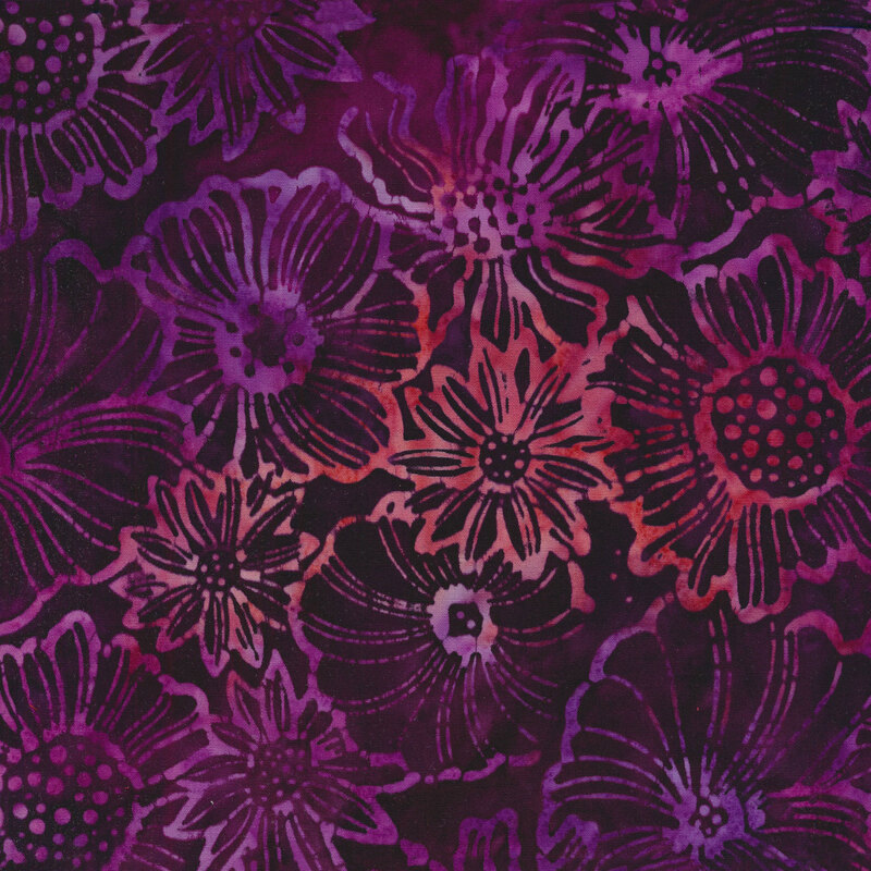 Mottled fabric of light purple and orange flowers on a purple background.