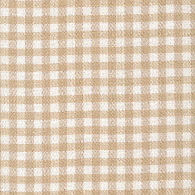 Woven fabric with a tan gingham on a cream background.
