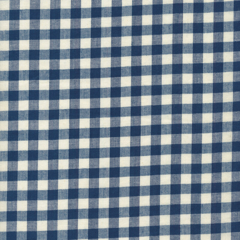 Woven fabric with a blue gingham on a cream background.