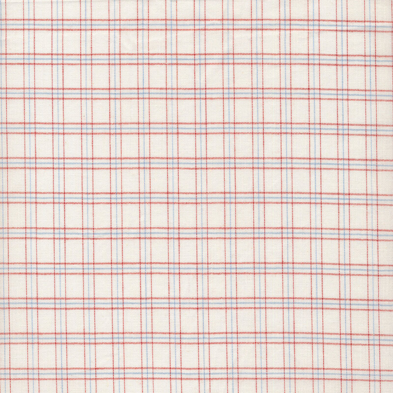 Woven fabric of a light blue and red plaid pattern on an off-white background.