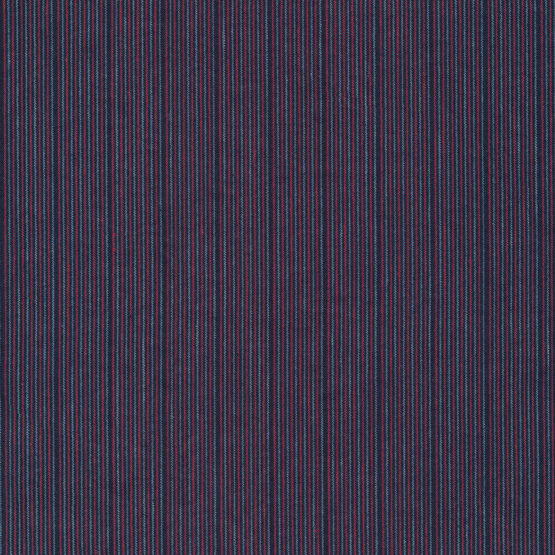 Woven fabric of small red and light blue stripes on a navy blue background.