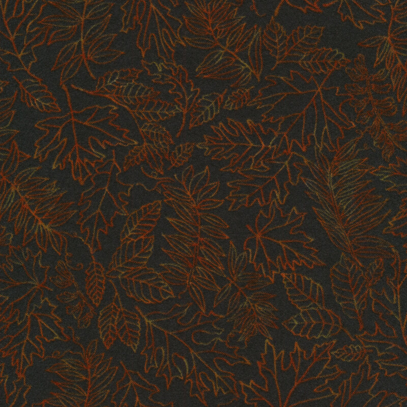 Flannel fabric of multicolored outlined leaves on a black background.
