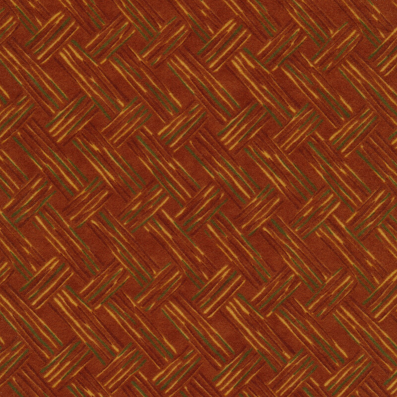 Flannel fabric of a basket weave plaid pattern on an orange background.