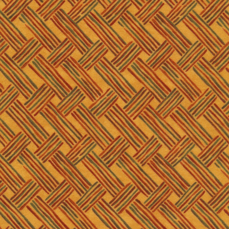 Flannel fabric of a basket weave plaid pattern on a gold background.
