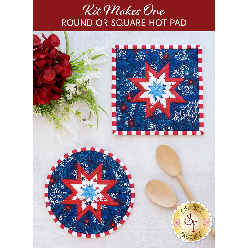 Hot pads with central folded star design made of red, white, and blue patriotic fabrics.