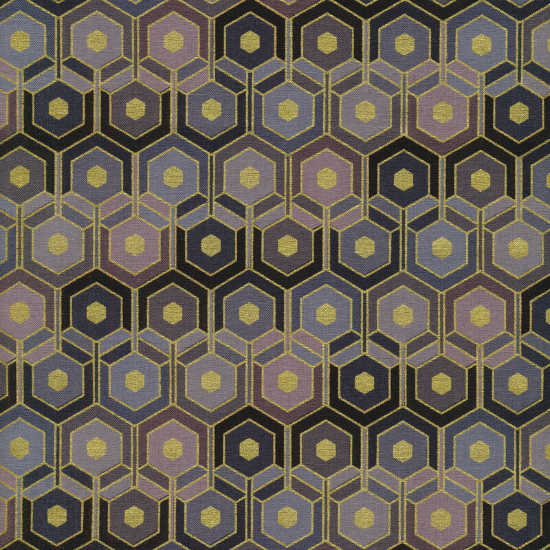 Fabrics of various geometric shapes in taupe, black, and gray with gold metallic accents.