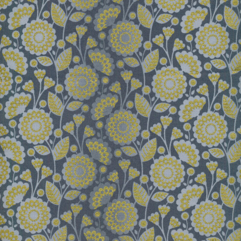Fabric of gray flowers with gold metallic accents on a dark gray background.