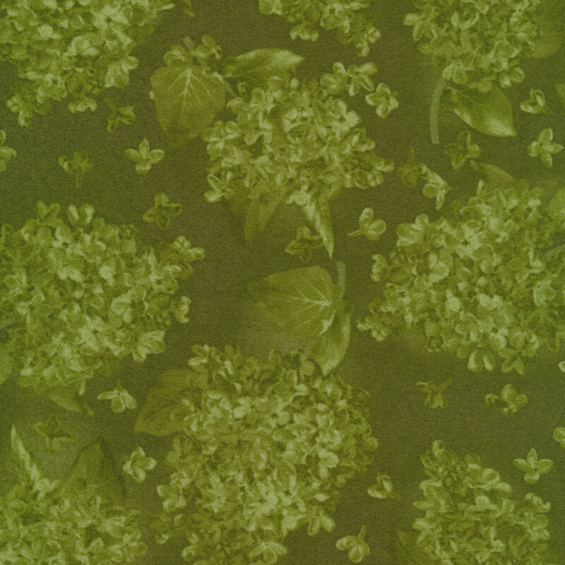 Tonal fabric with green clusters of lilacs and on a green background.