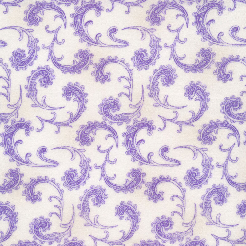 Fabric with purple swirling paisley on a white background.