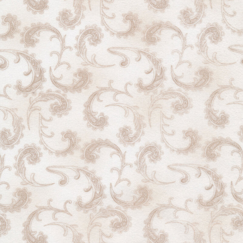 Fabric with tan swirling paisley on a white background.